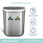 Nine Stars Dual Compartment Automatic Trash Can, 18 Gallon Stainless Steel, Motion Sensor Hands-Free Soft-Close Lid Garbage Recycle Bin, Silver - Image 2