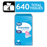 Great Value Everyday Soft Facial Tissues, 4 Flat Cartons, 160 Tissues per Flat, 2-Ply, Compare to Kleenex®