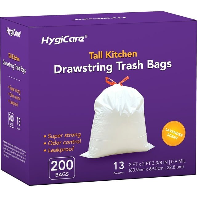 HygiCare-13-Gallon-Tall-Kitchen-Drawstring-Trash-Bags-200-Count-Lavender-Scent-Super-Strong-Leakproof_0d7cd4c5-027e-4a12-905a-60772e629362.886c2fd99b826eaa4840b97a5467fda9 HygiCare 13 Gallon Tall Kitchen Drawstring Trash Bags, 200 Count, Lavender Scent, Super Strong, Leakproof - Image 1