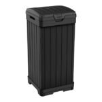 Keter Baltimore 38 Gallon Resin Outdoor Kitchen Trash Can Duotech Garbage Can, Black Woodlook