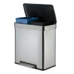 Qualiazero 16 Gallon (60L) Stainless Steel Dual Compartment Step-On Trash Can with Recycling, Soft-Close Lid, Kitchen Garbage & Recycler, Silver