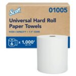 Scott Professional Essential Universal High-Capacity Hard Roll Paper Towels, Bulk (01005), Hardwound 1.5" Core, Absorbency Pockets, White (6 Rolls at 1,000' Each, 6,000'/Case)