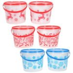 2 pack small Christmas treat bucket with lids and handle - Blue Print Snowflake, Red Print Reindeer, or Red Print Merry & Bright - Image 2